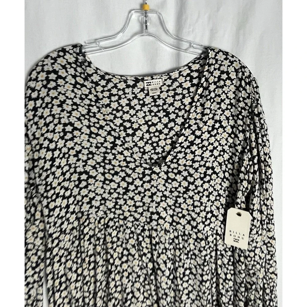 Billabong Dress Secret Wish Womens M Black Ditsy Floral‎ Mini Balloon Sleeve New